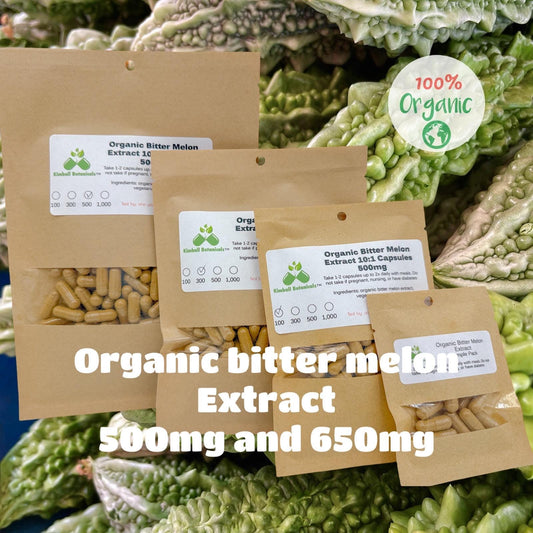 Organic Bitter Melon (Momordica charantia) 10:1 extract, 500mg and 650mg vegetarian capsules, made with zero fillers