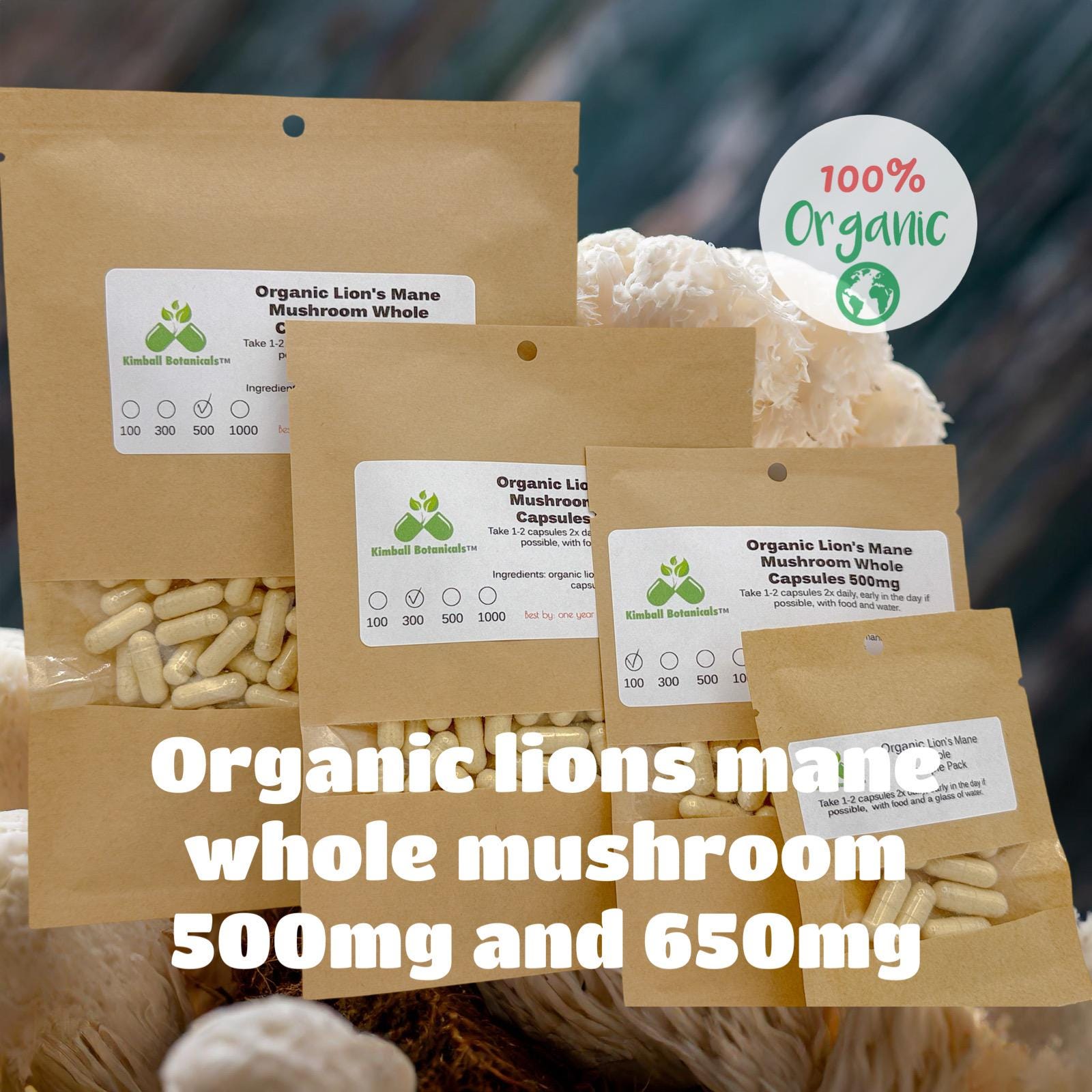 organic lions mane mushroom capsules 500mg 650mg certified organic whole herb