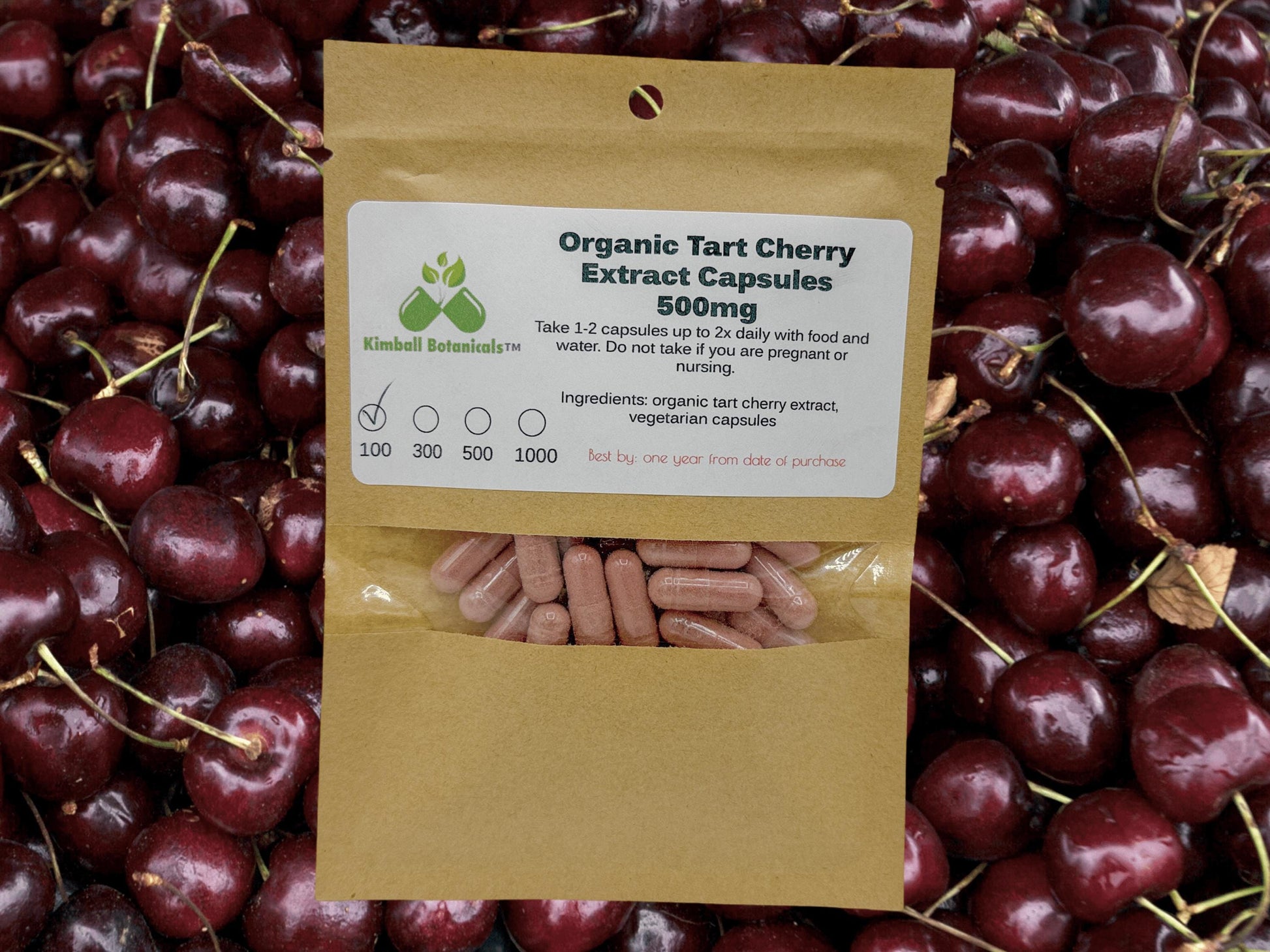 Organic Tart Cherry Extract (Prunus cerasus) capsules 500mg and 650mg vegetarian or pullulan capsules, made fresh to order