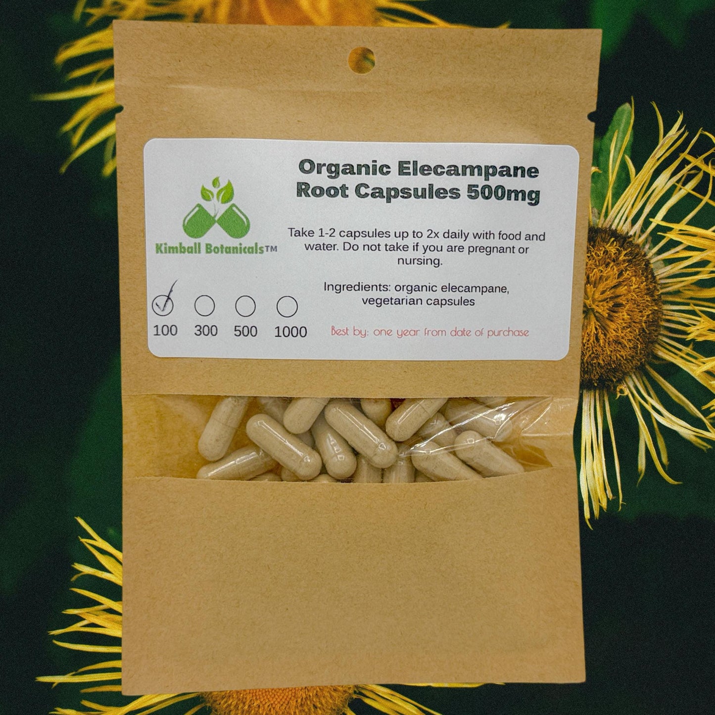 Organic Elecampane Root (Inula helenium) 500mg vegetarian capsules, made fresh to order