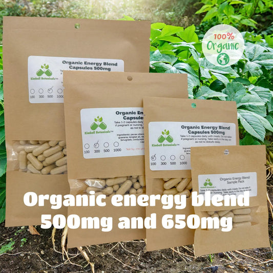 Organic Herbal Energy Blend Max, 500mg and 650mg vegetarian and pullulan capsules made fresh to order - Kimball Botanicals LLC