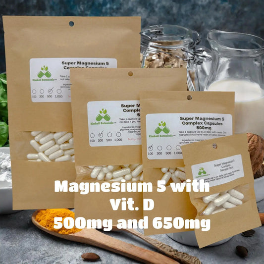 Super Magnesium 5 with Vitamin D3, 500mg or 650mg vegetarian or pullulan capsules made fresh to order - Kimball Botanicals LLC