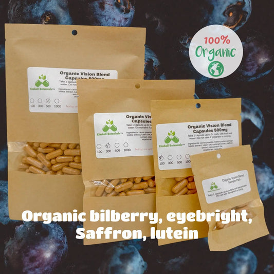 Organic Viz-ion Blend, Bilberry, Lutein, Eyebright, 500mg and 650mg vegetarian or pullulan capsules made fresh to order - Kimball Botanicals LLC
