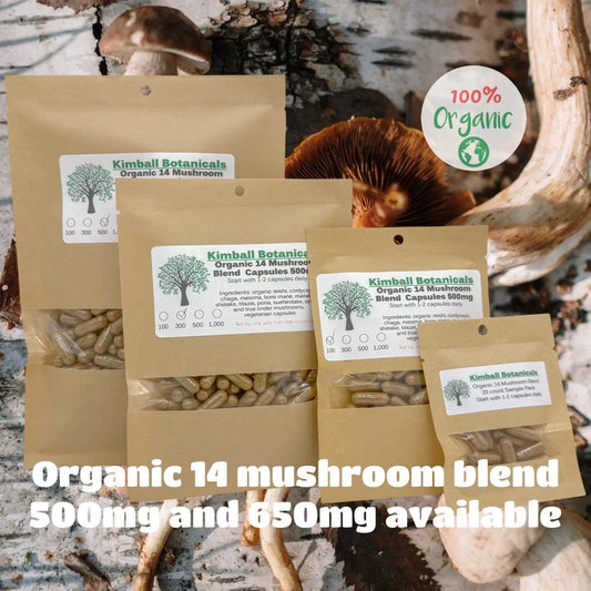 USDA Organic 14 Mushroom Blend, 500mg or 650mg, vegetarian or pullulan capsules made fresh to order - Kimball Botanicals LLC