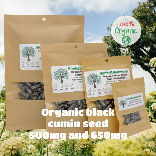 USDA Certified Organic Black Cumin Seed (Nigella sativa) 500mg and 650mg, vegetarian or pullulan capsules, made fresh to order - Kimball Botanicals LLC