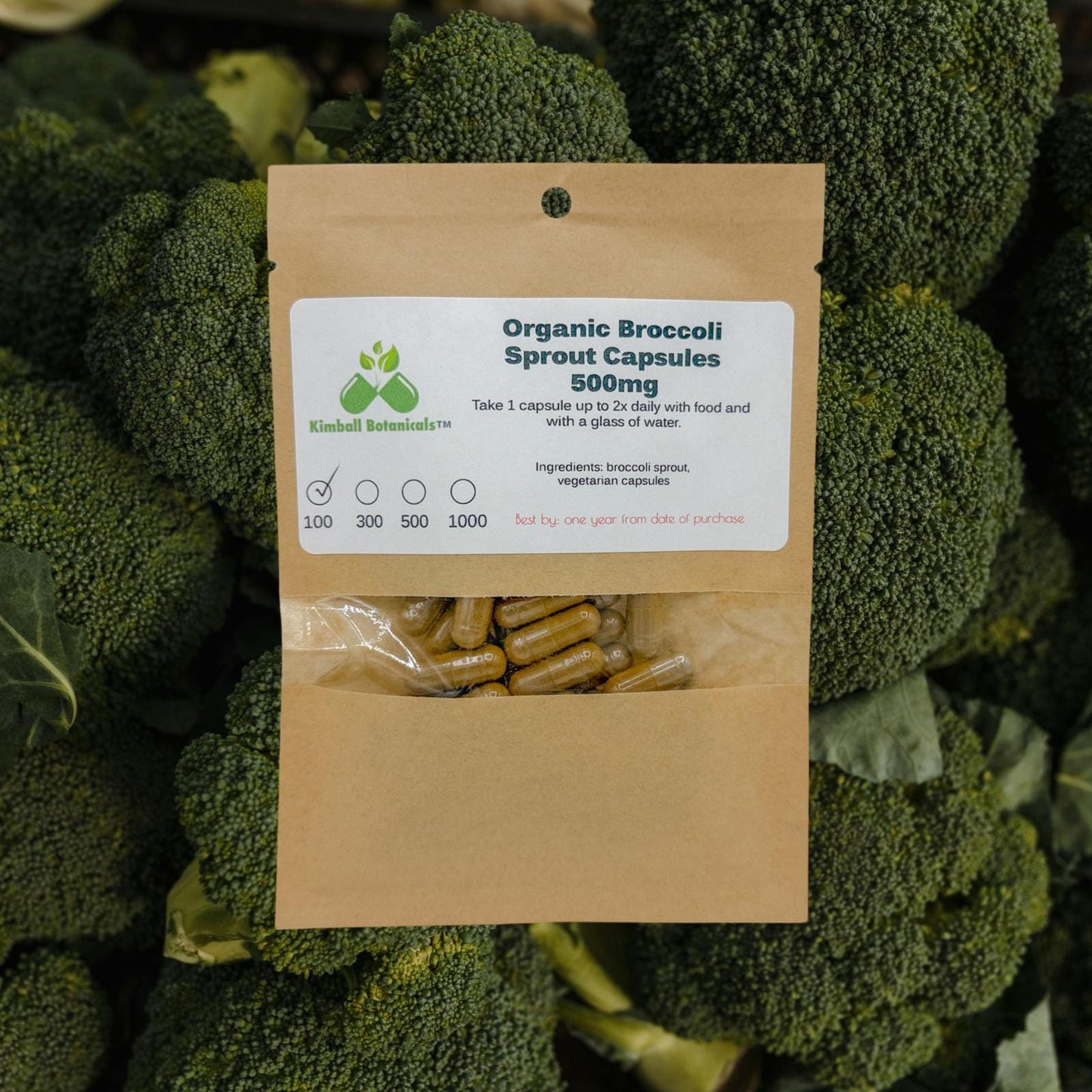 Organic Broccoli Sprout (Brassica oleracea) 500mg and 650mg vegetarian capsules made fresh to order.