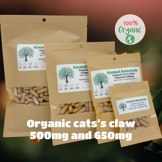 Organic Cats Claw (uncaria tomentosa) 500mg and 650mg Vegetarian or Pullulan Capsules, made fresh to order - Kimball Botanicals LLC