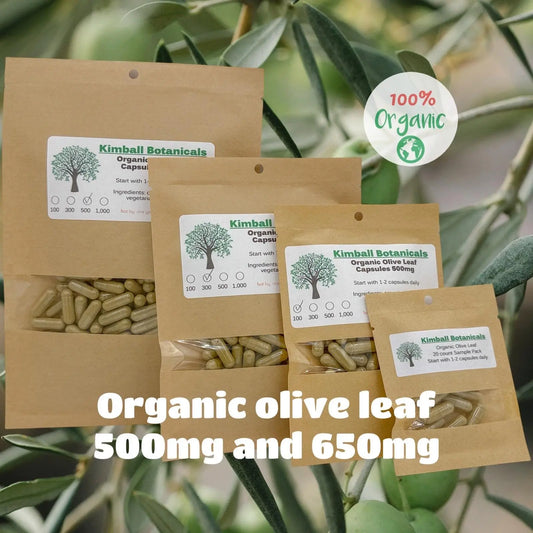 Organic Olive Leaf Complex (Olea europaea) 500mg and 650mg vegetarian or pullulan capsules, zero  fillers or binders - Kimball Botanicals LLC