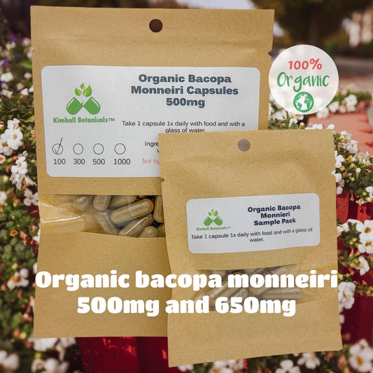 Organic Bacopa Monneiri (water hyssop, brahmi) 500mg vegetarian capsules, no fillers or binders of any kind