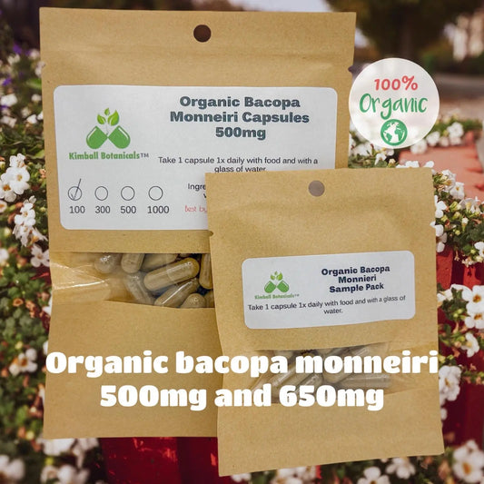 Organic Bacopa Monneiri (water hyssop, brahmi) 500mg and 650mg vegetarian or pullulan capsules, no fillers or binders of any kind - Kimball Botanicals LLC