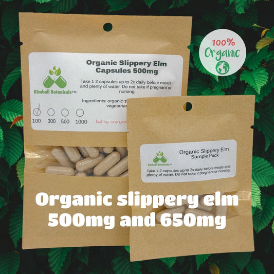 Organic Slippery Elm (Ulmus rubra) inner bark, 500mg and 650mg vegetarian capsules made fresh to order