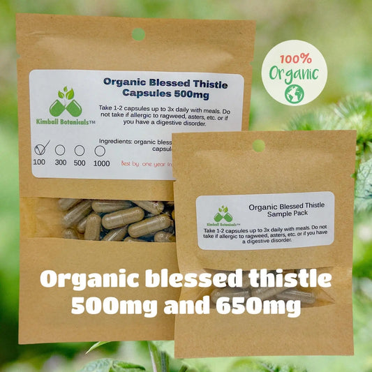 Organic Blessed Thistle (Centaurea benedicta) 500mg and 650mg vegetarian capsules made fresh to order - Kimball Botanicals LLC