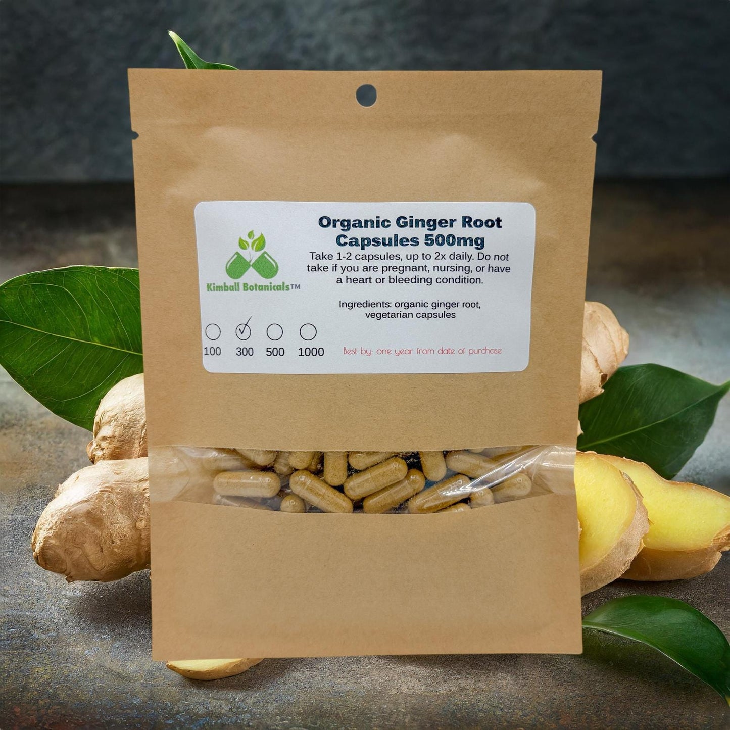 USDA Certified Organic Ginger Root (Zingiber officinale) 500mg and 650mg vegetarian capsules, made fresh to order