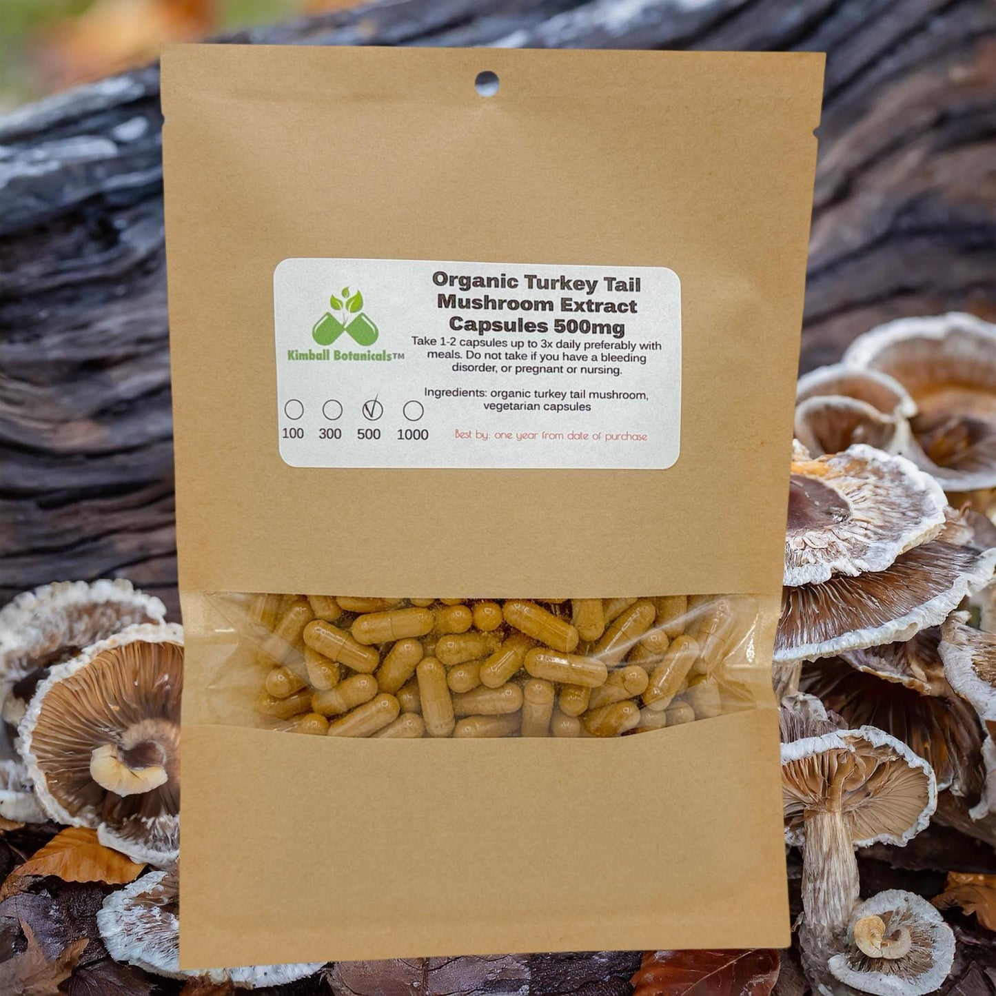 Organic Turkey Tail Extract (Trametes versicolor) Mushroom 500mg vegetarian capsules made fresh to order