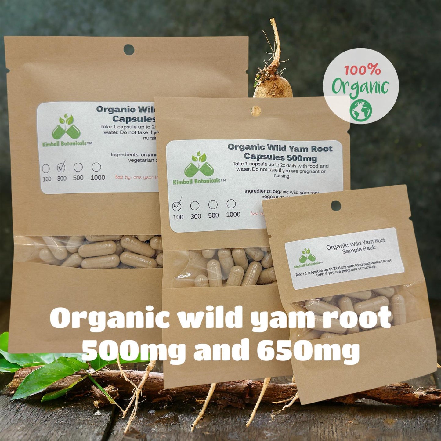 Certified organic wild yam root capsules 500mg and 650mg vegetarian pullulan