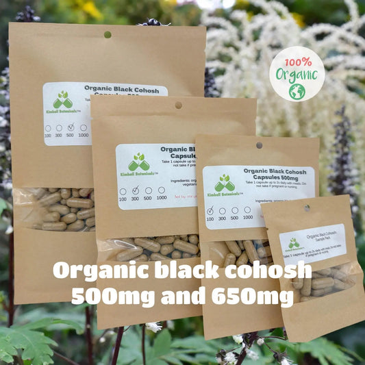 Certified Organic Black Cohosh (Actaea racemosa) 500mg and 650mg or pullulan vegetarian capsules made fresh to order. - Kimball Botanicals LLC