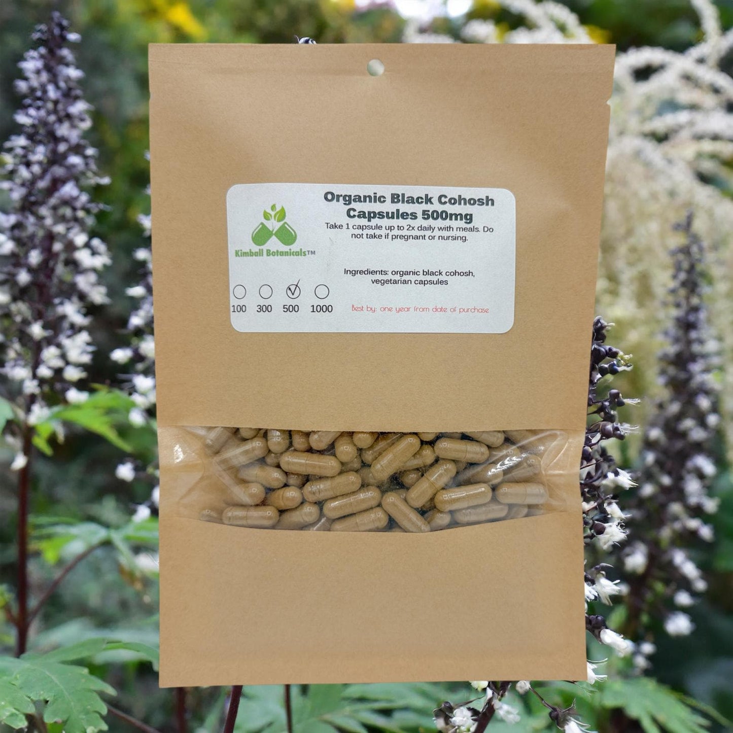 Certified Organic Black Cohosh (Actaea racemosa) 500mg and 650mg or pullulan vegetarian capsules made fresh to order.