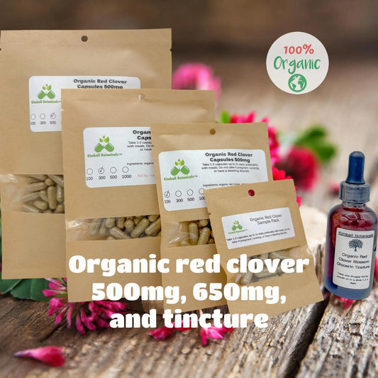 USDA Organic Red Clover Blossom (Trifolium pratense) 500mg and 650mg pullulan or vegetarian capsules or tincture, zero fillers - Kimball Botanicals LLC