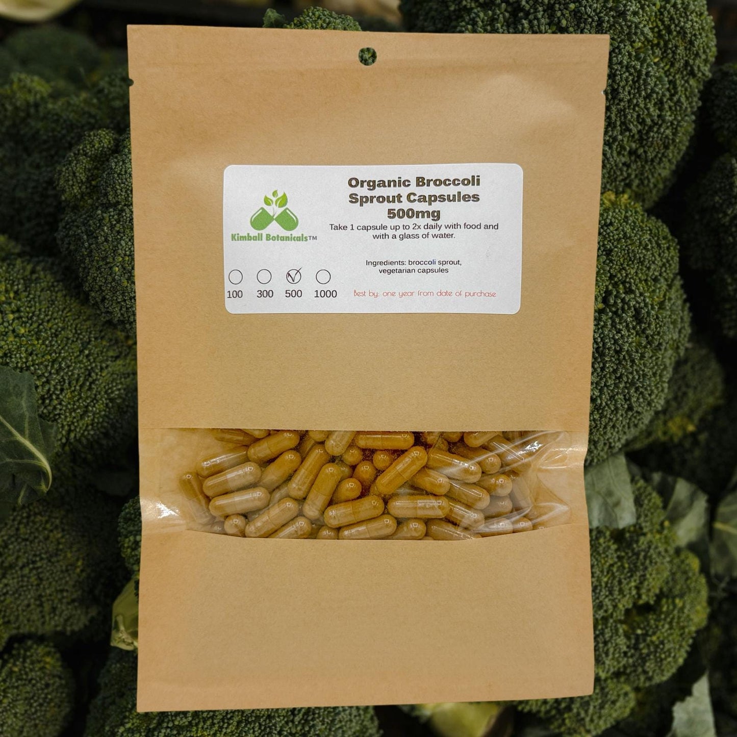 Organic Broccoli Sprout (Brassica oleracea) 500mg and 650mg vegetarian capsules made fresh to order.