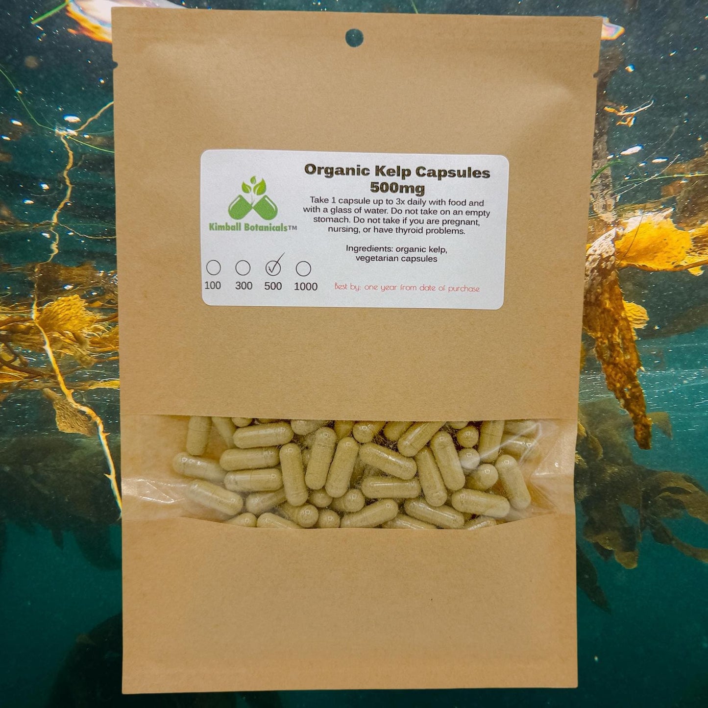 USDA Certified Organic Atlantic Kelp (Ascophyllum nodosum) 500mg and 650mg vegetarian capsules or tincture, made fresh to order