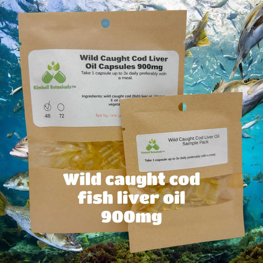 Wild Caught Cod Liver Oil Omega-3 Capsules, Vitamin A, Vitamin D, 900mg vegetarian capsules made fresh to order - Kimball Botanicals LLC