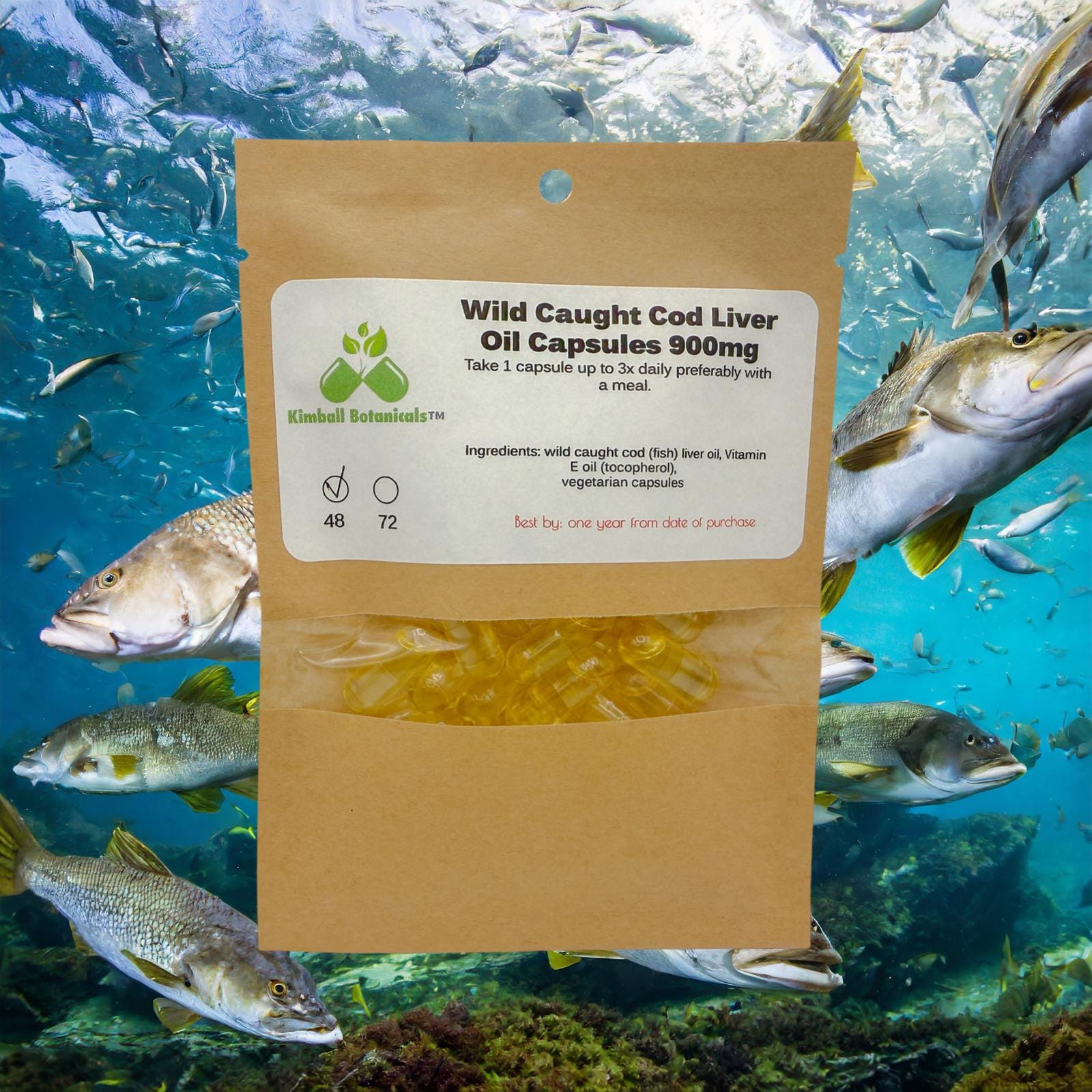 Wild Caught Cod Liver Oil Omega-3 Capsules, Vitamin A, Vitamin D, 900mg vegetarian capsules made fresh to order