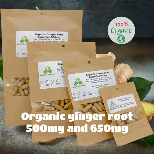 USDA Certified Organic Ginger Root (Zingiber officinale) 500mg and 650mg vegetarian capsules or tincture, made fresh to order - Kimball Botanicals LLC