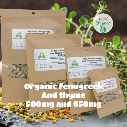 USDA Certified Organic Fenugreek and Thyme, 500mg and 650mg vegetarian or pullulan capsules, made fresh to order - Kimball Botanicals LLC