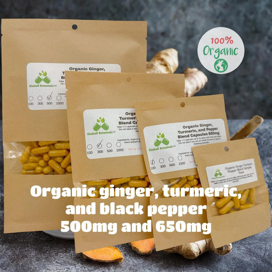 USDA Certified Organic Ginger, Turmeric Curcumin, 95% Black Pepper blend, 500mg and 650mg vegetarian capsules - Kimball Botanicals LLC