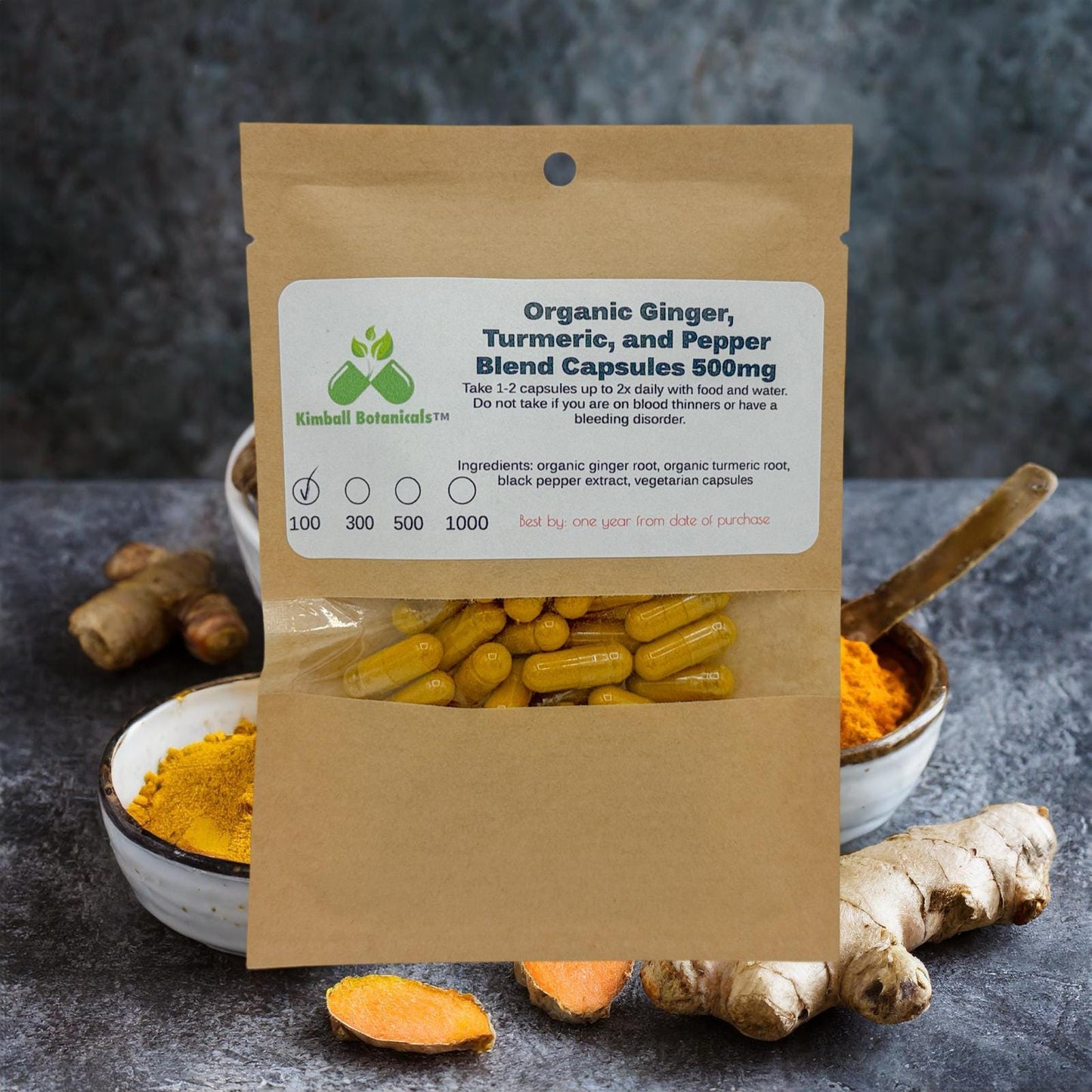 Organic Ginger, Turmeric Curcumin, 95% Black Pepper extract blend, 500mg and 650mg vegetarian capsules