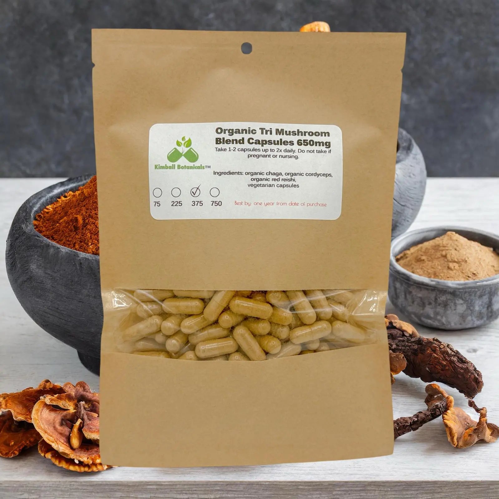 USDA Certified Organic Tri Mushroom Blend, Cordyceps Chaga and Reishi Mushrooms 500mg and 650mg vegetarian capsules made fresh to order