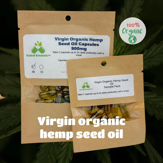 USDA Certified Organic Virgin Hemp Seed Oil Capsules, Omega-6 and 3, 900mg vegetarian made fresh to order - Kimball Botanicals LLC