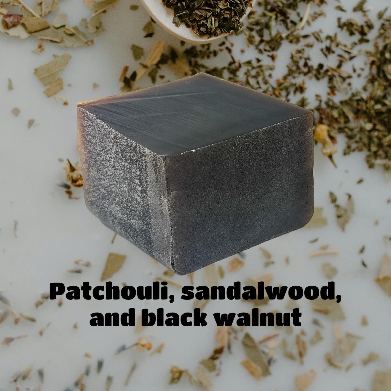 Handmade Black Walnut Herbal Patchouli Cedarwood Glycerin Soap, earthy woodsy scent, large 5oz bar