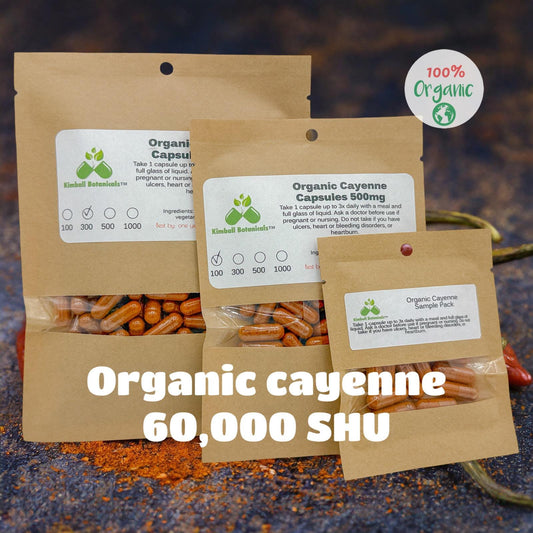 Organic Cayenne Pepper 60,000 SHU, 500mg and 650mg vegetarian capsules