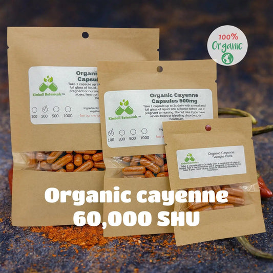 Organic Cayenne Pepper 60,000 SHU, 500mg and 650mg vegetarian or pullulan capsules, zero fillers - Kimball Botanicals LLC