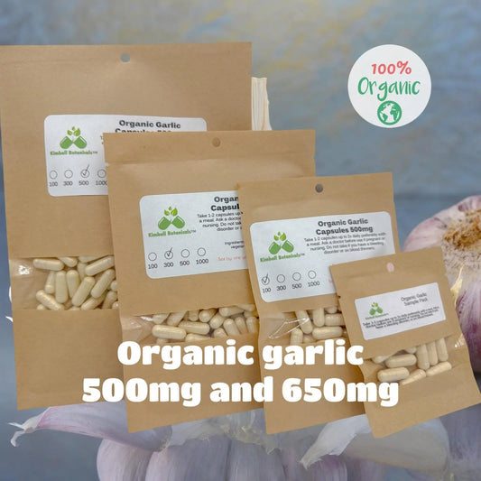 USDA Certified Organic Garlic, 500mg and 650mg vegetarian capsules, made with zero fillers - Kimball Botanicals LLC