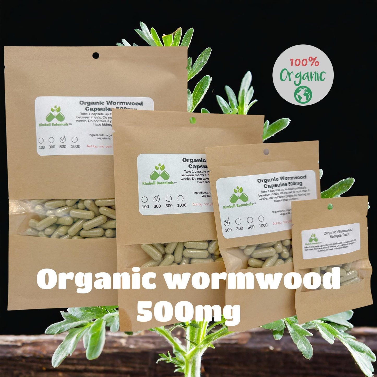 Organic Wormwood (Artemisia absinthium) 500mg vegetarian capsules, made fresh to order