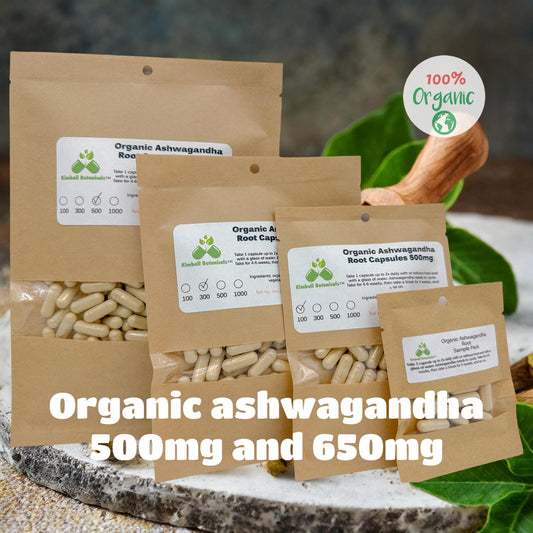 Organic Ashwagandha (Withania somnifera) 500mg and 650mg vegetarian capsules or glycerin tincture, made fresh to order