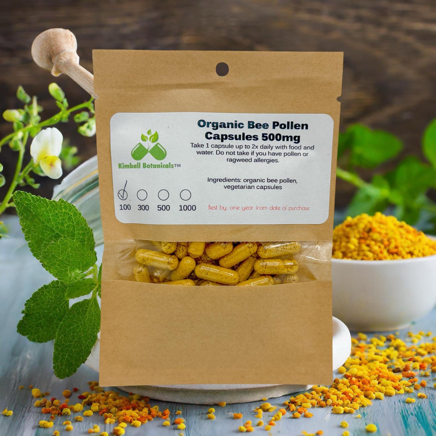 Organic Bee Pollen 500mg vegetarian capsules, made fresh to order
