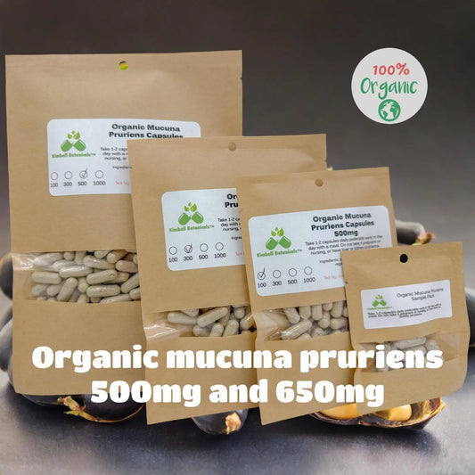 USDA Certified Organic Velvet Bean (mucuna pruriens) 500mg or 650mg vegetarian pullulan capsules, made fresh to order - Kimball Botanicals LLC