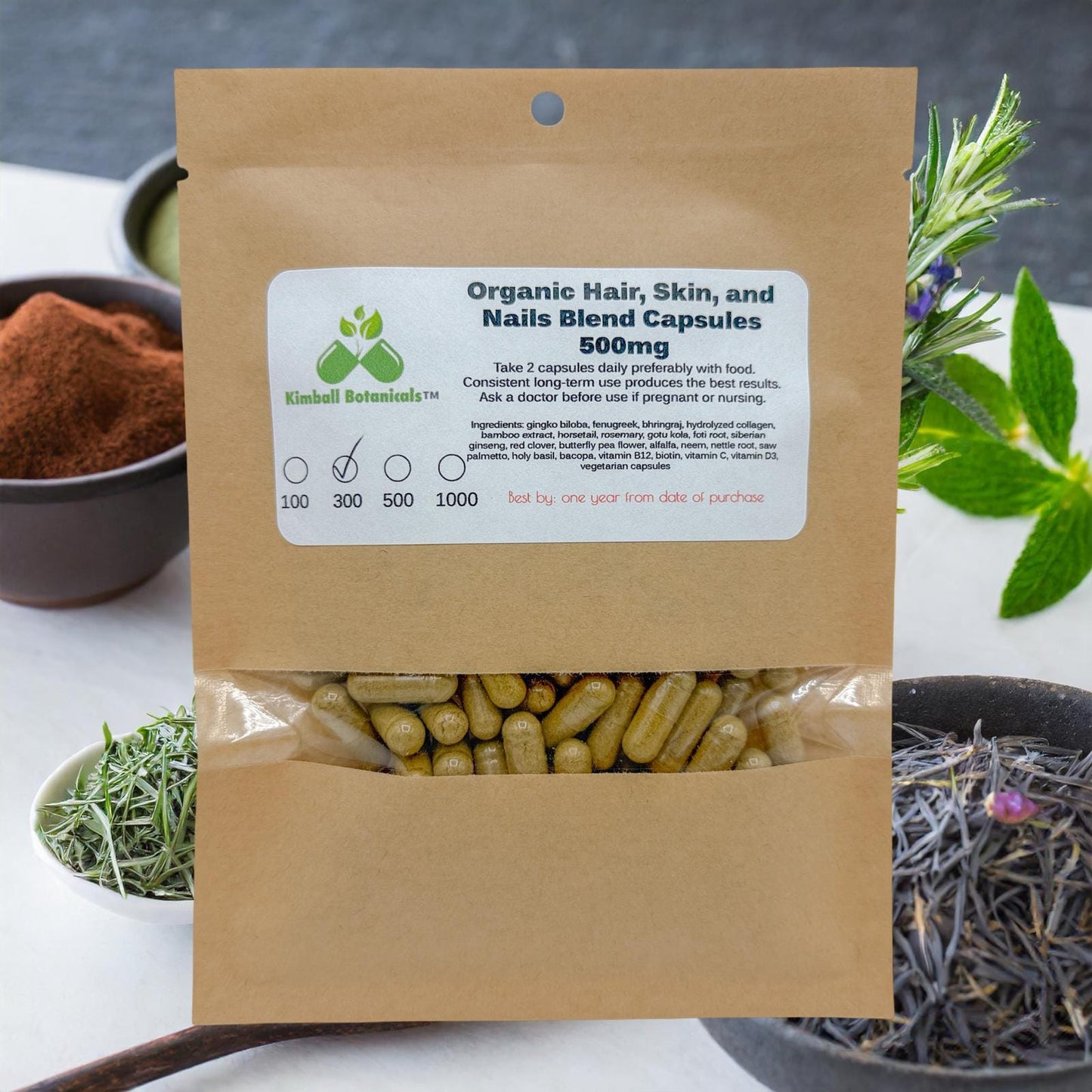 Organic Hair, Skin, and Nails Herbal and Vitamin Complex, 500mg or 650mg vegetarian capsules, made fresh to order