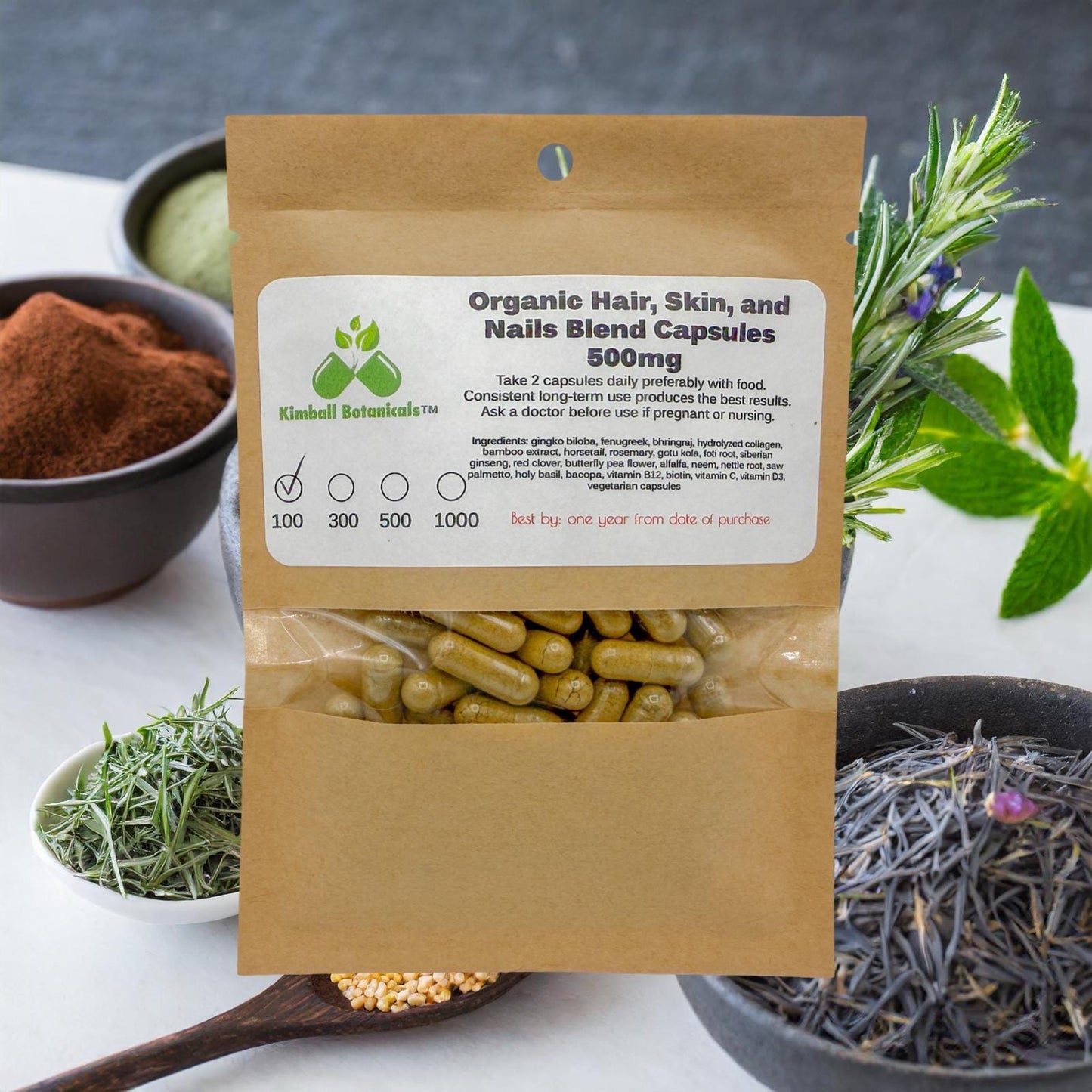 Organic Hair, Skin, and Nails Herbal and Vitamin Complex, 500mg or 650mg vegetarian capsules, made fresh to order