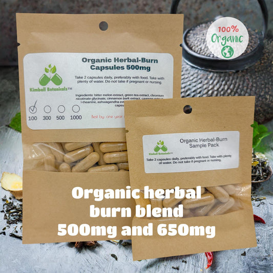 Organic Herbal Burn 500mg and 650mg vegetarian or pullulan capsules, made fresh to order