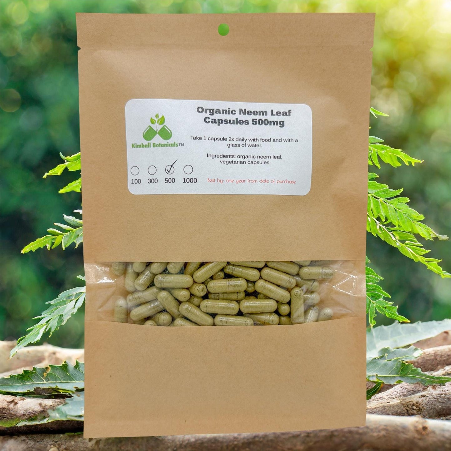 Organic Neem Leaf (Azadirachta indica) 500mg or 650mg Vegetarian Capsules made fresh to order.