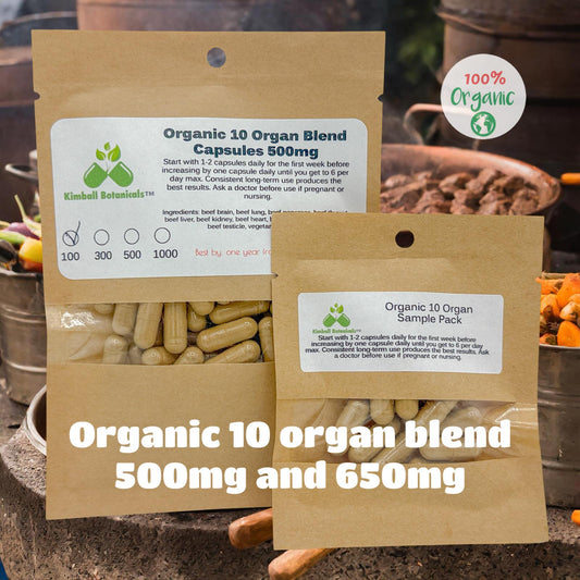Organic Beef Organ 10 Complex, 500mg and 650mg pullulan capsules, made fresh to order