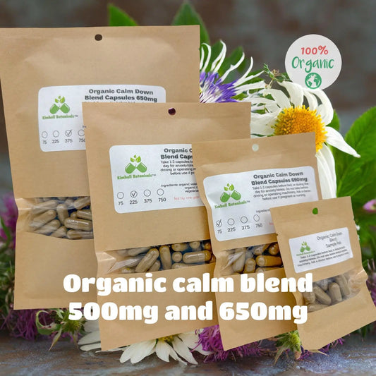 Organic Calm Blend, 500mg and 650mg, pullulan or vegetarian capsules, made fresh to order with zero fillers - Kimball Botanicals LLC