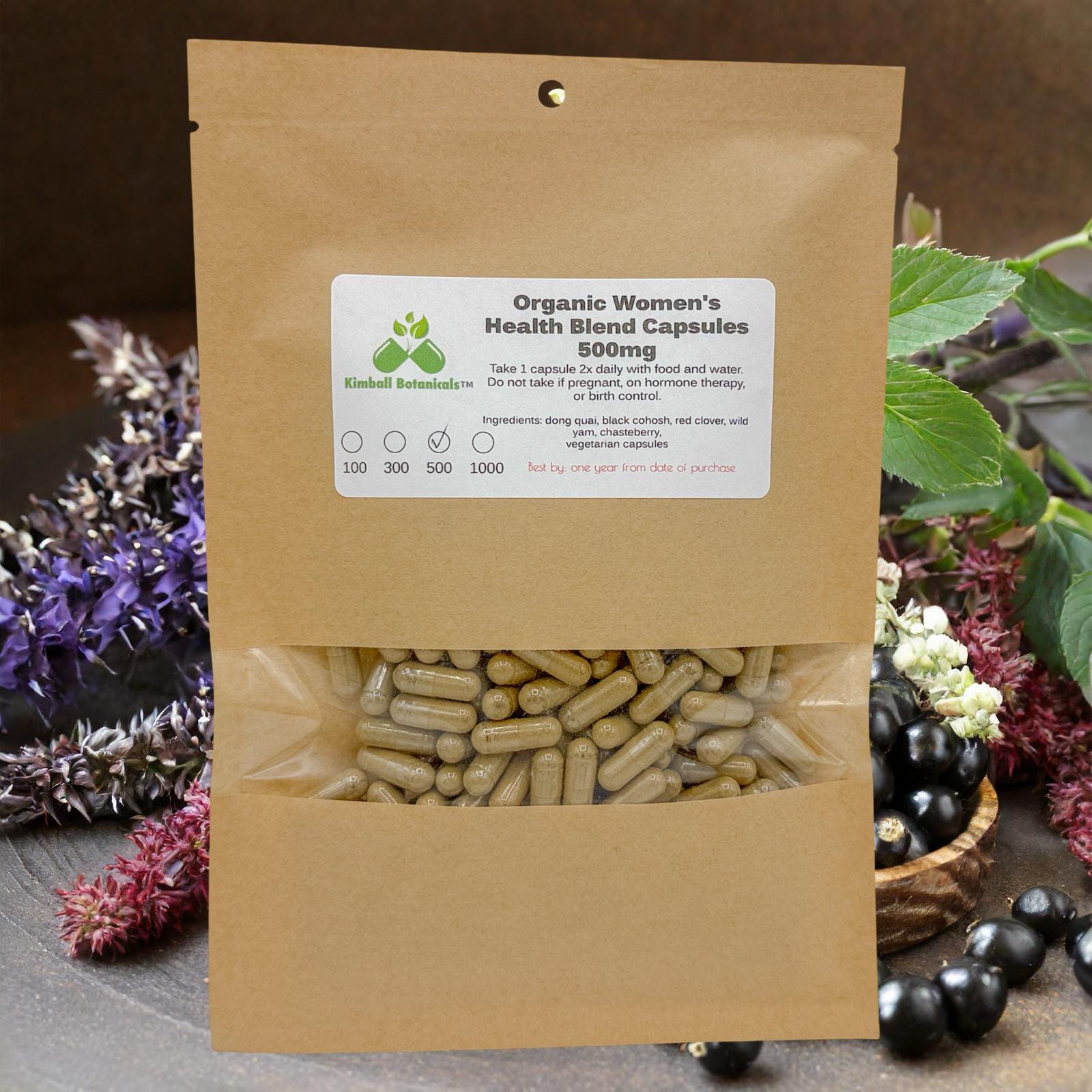 Organic Women’s Health blend 500mg or 650mg vegetarian or pullulan capsules, or tincture, made fresh to order
