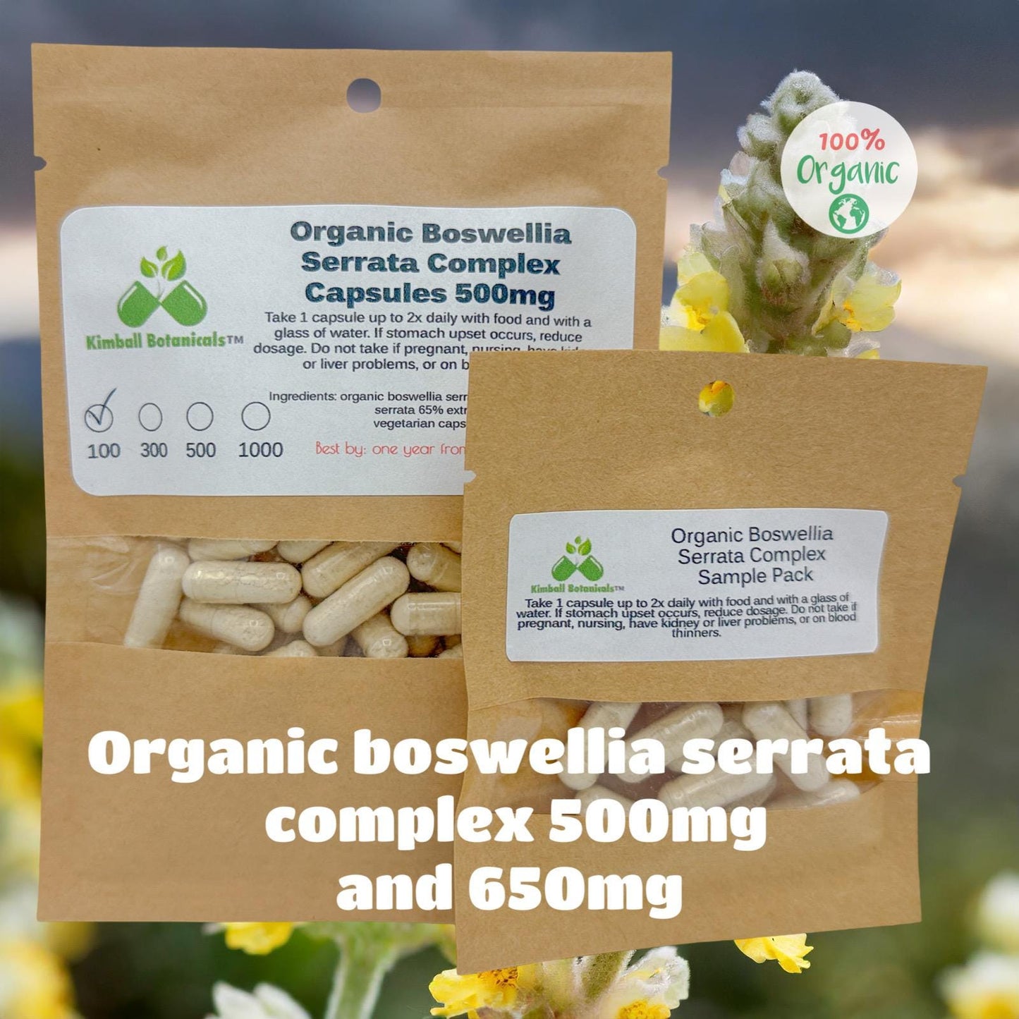 Organic Boswellia Serrata Extract Complex (Indian Frankincense) 65% boswellic acid, 500mg and 650mg vegetarian capsules made fresh to order