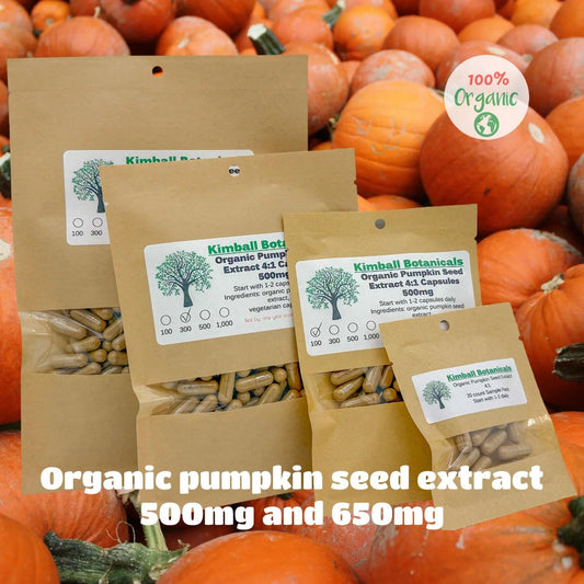 Organic Pumpkin Seed 4:1 Extract (cucurbita pepo) 500mg or 650mg vegetarian or pullulan capsules made fresh to order - Kimball Botanicals LLC