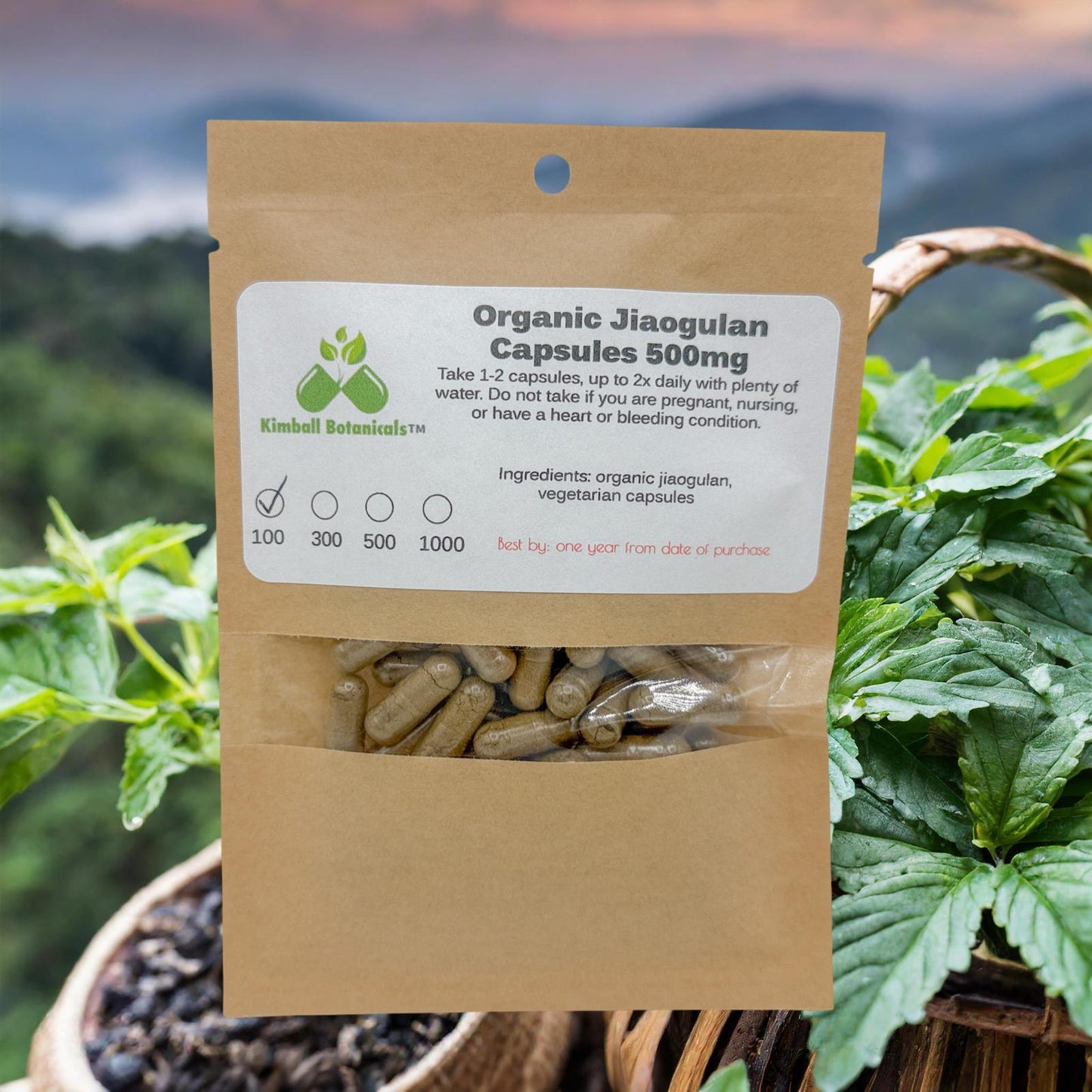 Organic Jiaogulan (Gynostemma pentaphyllum) 500mg and 650mg, vegetarian or pullulan capsules, made fresh to order